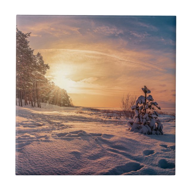 Solnedgång över vinterhavet kusten kakelplatta (Framsidan)