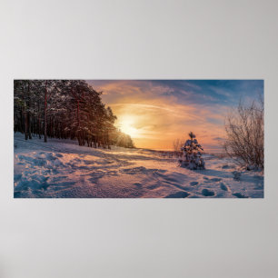Solnedgång över vinterhavet kusten poster
