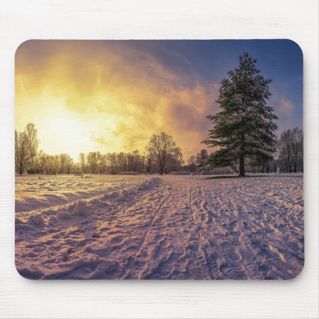 Solnedgång över vinterparken musmatta (Framsidan)