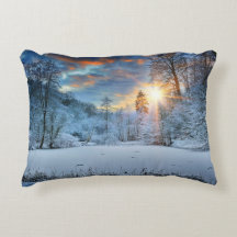 Solnedgång över vinterskog sjön