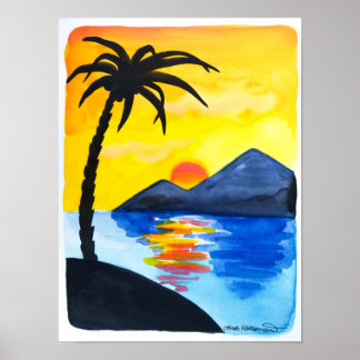 Solnedgång på bålen - Illustration av vattenfärg Poster