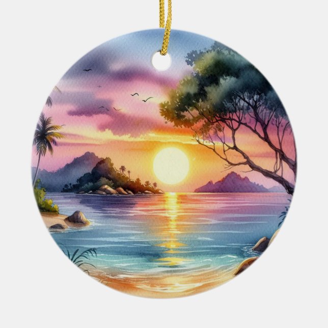 Solnedgång på den tropiska ön julgransprydnad keramik (Framsidan)