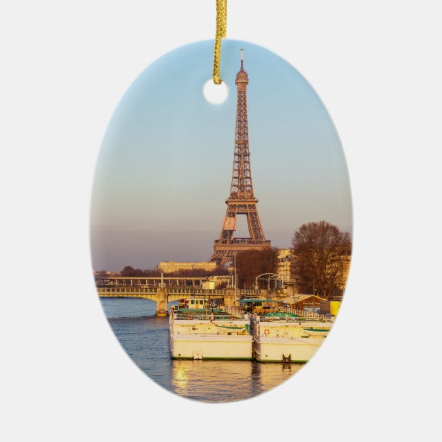 Solnedgång på Eiffel torn och Pont Rouelle - Paris Julgransprydnad Keramik (Framsidan)