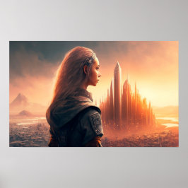 Solnedgång på en framtida stad poster