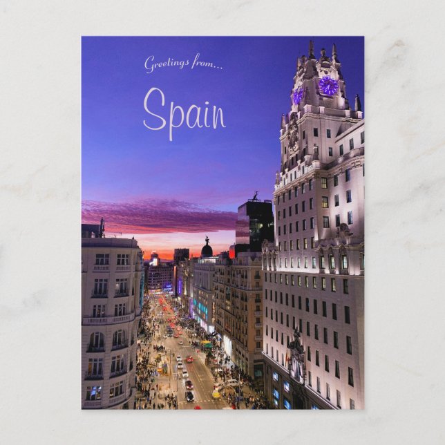 Solnedgång på Gran Vía Madrid Spanien Vykort (Framsida)