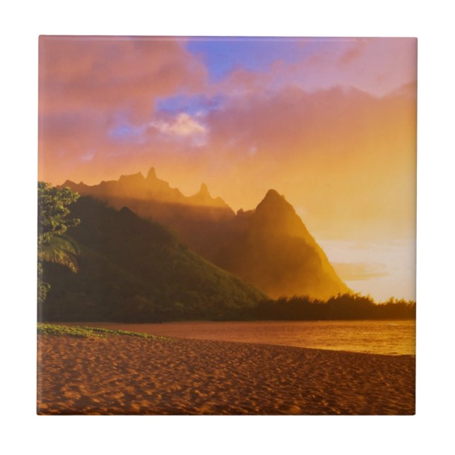 Solnedgång på gyllene strand, Hawaii Kakelplatta (Framsidan)