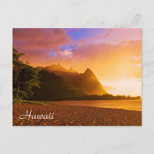 Solnedgång på gyllene strand, Hawaii Vykort (Framsida)