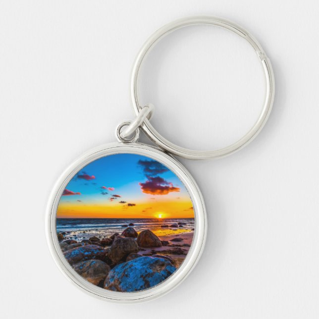 Solnedgång på havet rund silverfärgad nyckelring (Framsidan)