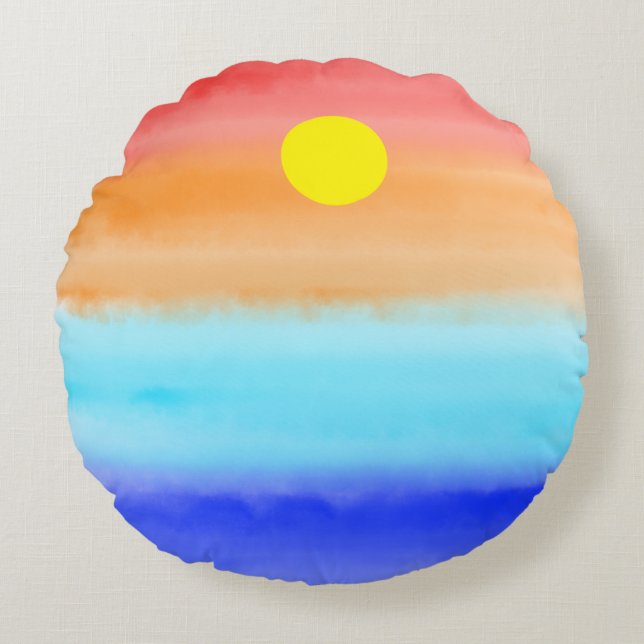 Solnedgång på havsvattenfärgen Abstrakt art Ombre Rund Kudde (Framsidan)