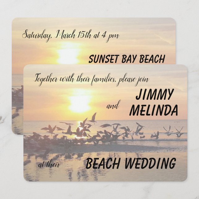Solnedgång på inbjudan till Beach-teme-bröllop (Fram/baksida)