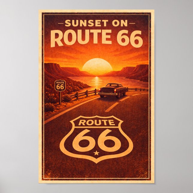Solnedgång på Route 66 Litografi Poster (Framsidan)