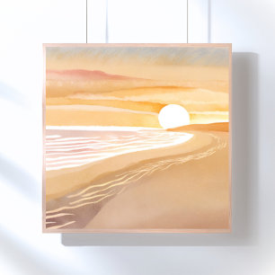 Solnedgång på stranden akvarell Vacker gul Poster