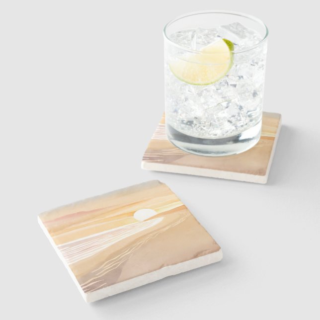 Solnedgång på stranden i akvarell | Vacker gul  Stenunderlägg (Sidan)