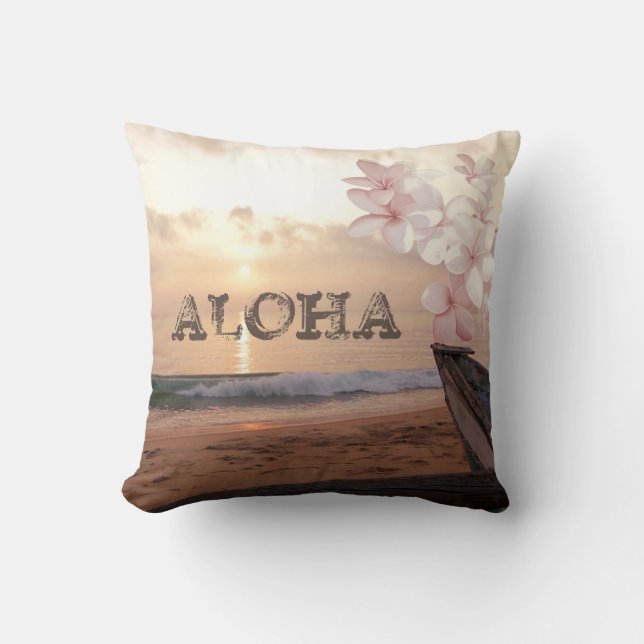 Solnedgång på stranden Plumeria, Aloha Kudde (Framsida)
