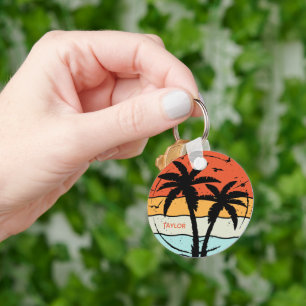 Solnedgång Retro Vintage Strand Palmtree Nyckelring