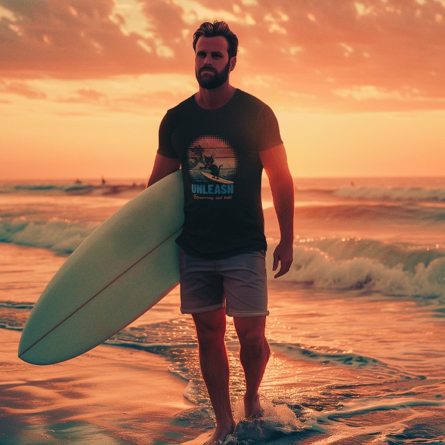 Solnedgång - Riding Cat T Shirt (A man is wearing a Sunset Wave-Riding Cat T-shirt.)