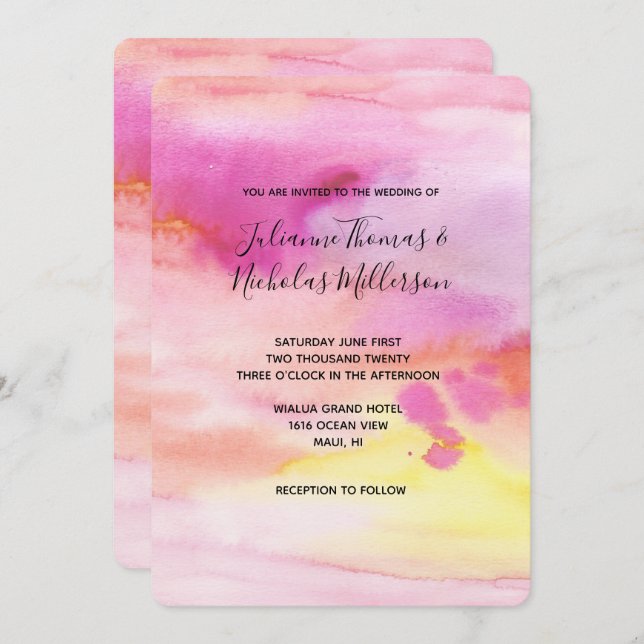 Solnedgång Rosa Peach Gult Vattenfärg Inbjudningar (Fram/baksida)