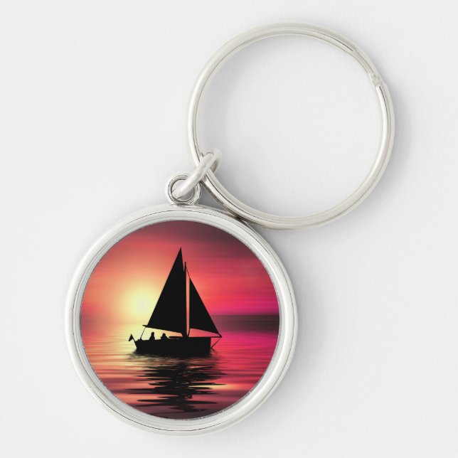 Solnedgång, segelbåt i havet-39186 rund silverfärgad nyckelring (Framsidan)