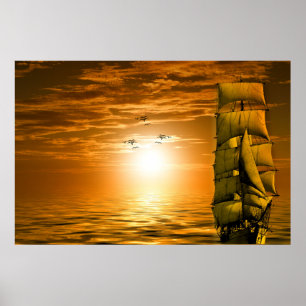 Solnedgång Segelbåt Poster