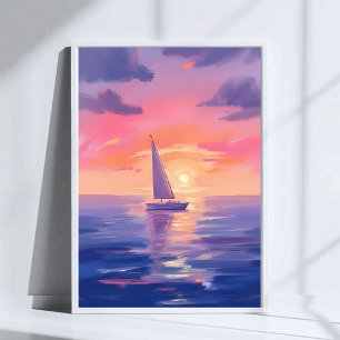 Solnedgång Segla Akvarell Pastell Lila Målning Poster
