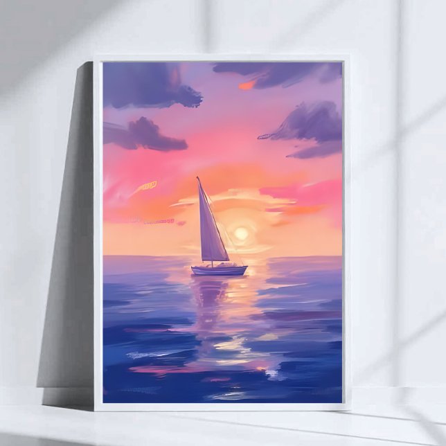 Solnedgång Segla Akvarell Pastell Lila Målning Poster (Skapare uppladdad)