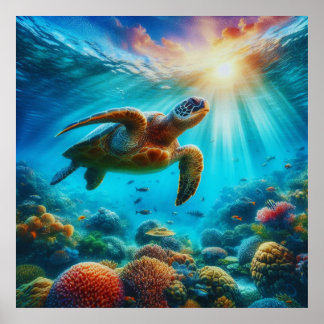Solnedgång Serenity Sea Turtle och Coral Reef Post Poster