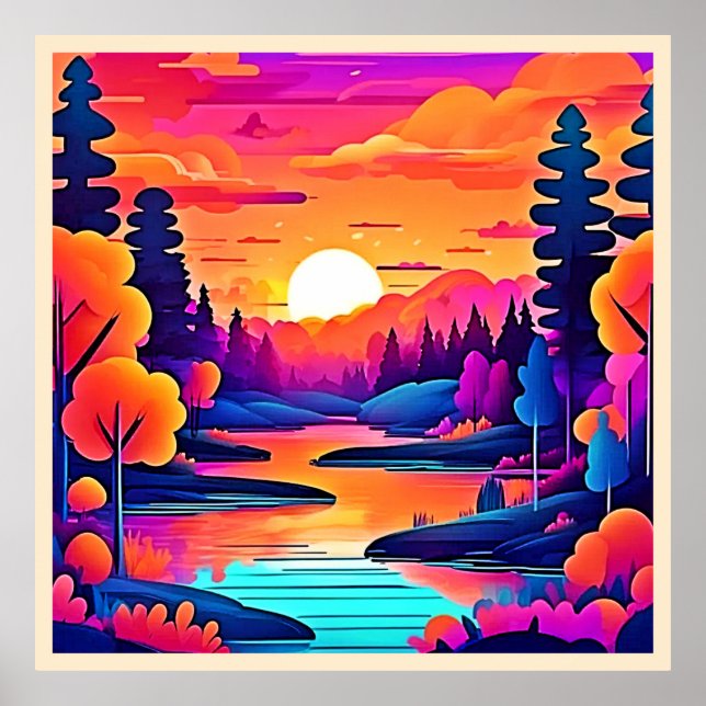 Solnedgång Sjös Fantasykonst Poster (Framsidan)