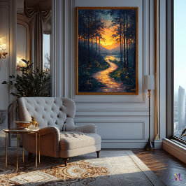 Solnedgång Skogsväg i Impressionistisk Stil Poster