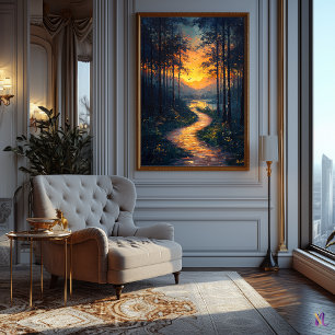 Solnedgång Skogsväg i Impressionistisk Stil Poster