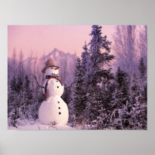 Solnedgång Snögubbe i vinterbergen Poster