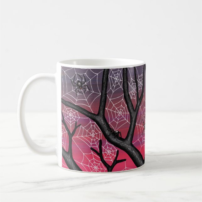 Solnedgång spindelnät träd med spindlar kaffemugg (Vänster)