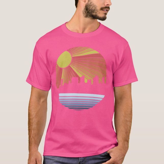 Solnedgång stad Siluett Vintage present T Shirt (Framsida)