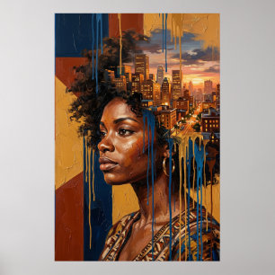 Solnedgång Stadssiluett Afrofuturism Svart Drottni Poster