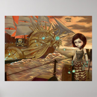 Solnedgång - Steampunk Pirater Art-utskrift Poster