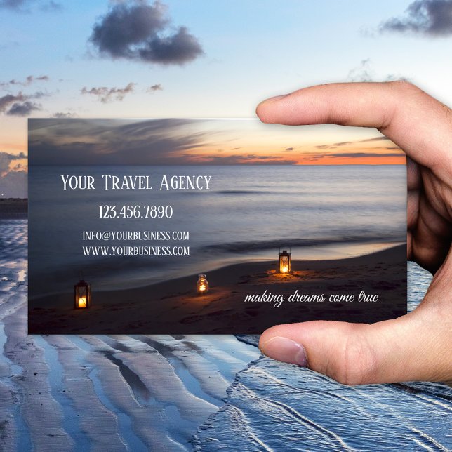 Solnedgång Strand Resekort Visitkort (Peaceful and romantic business card featuring lights on the beach at sunset - travel - peace )
