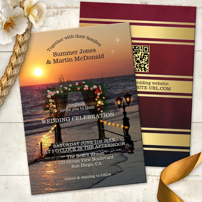 Solnedgång Strand Rosengård Bröllopsinbjudan Inbjudningar (Beach or destination wedding invitation featuring a sunset at sea with a festive rose arbor)