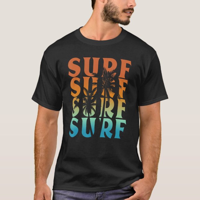 Solnedgång Surf Palmtree Cool Strand Semester Surf T Shirt (Framsida)