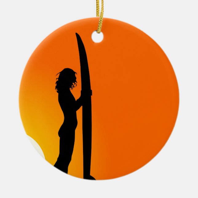 Solnedgång Surfer Girl med surfboard Julgransprydnad Keramik (Framsidan)