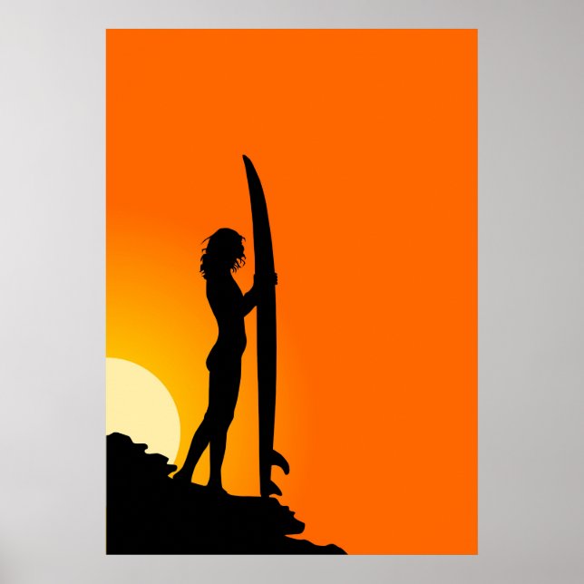 Solnedgång Surfer Girl med surfboard Poster (Framsidan)