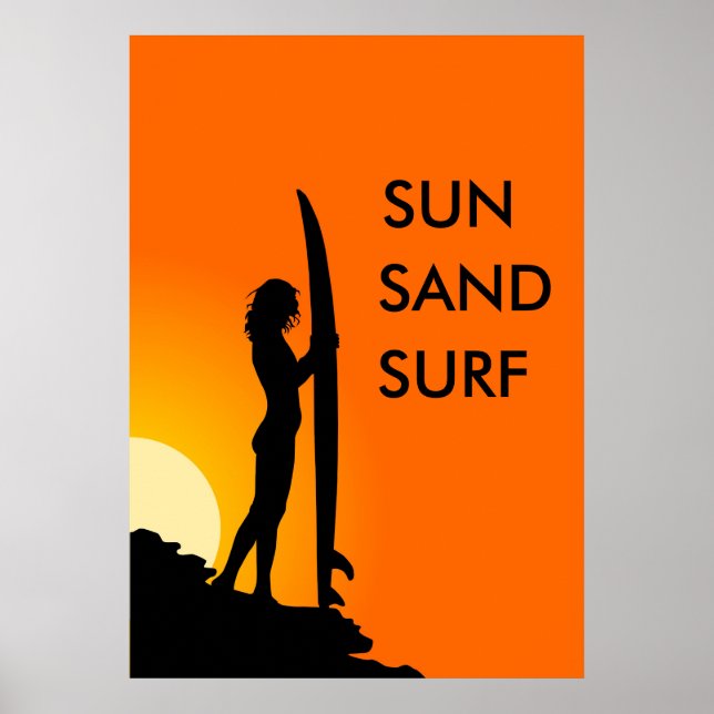Solnedgång Surfer Girl med surfboard, Sol, Sand Su Poster (Framsidan)
