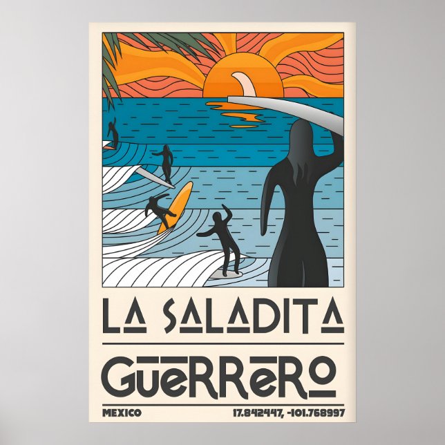 Solnedgång Surfers Affisch La Saladita Surf Scen (Framsidan)
