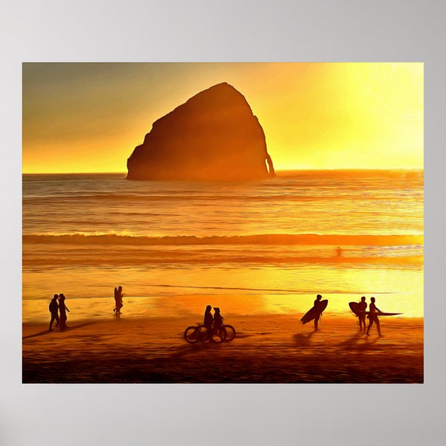 Solnedgång Surfing and Biking Cape Kiwanda Oregon Poster (Framsidan)