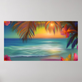 Solnedgång Tropical Beach Sand Sea handflatan träd Poster