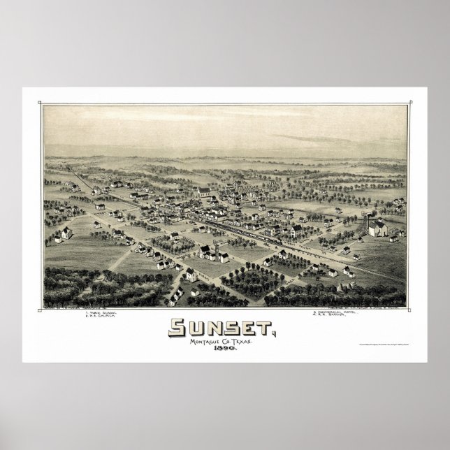 Solnedgång, TX Panoramic Karta - 1890 Poster (Framsidan)