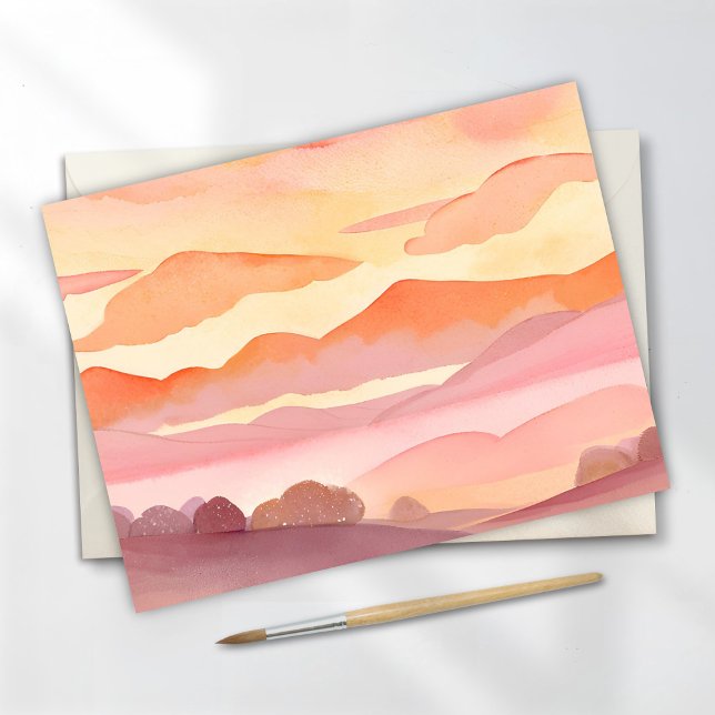 Solnedgång Vattenfärg Kullar | Orange Nyans Himmel Vykort (Skapare uppladdad)