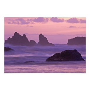 Solnedgång vid Bandon Beach Sea Stacks. Fototryck