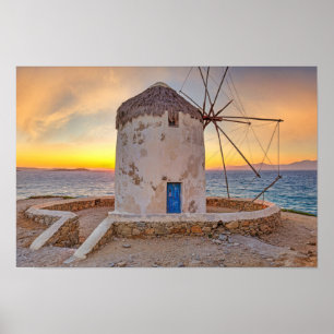 Solnedgång vid berömdens vindkraftverk i Mykonos, Poster