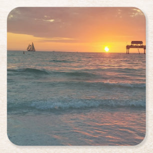 Solnedgång vid Clearwater Beach Magnet Underlägg Papper Kvadrat