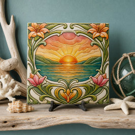 Solnedgång vid havet Art Nouveau Kakelplatta