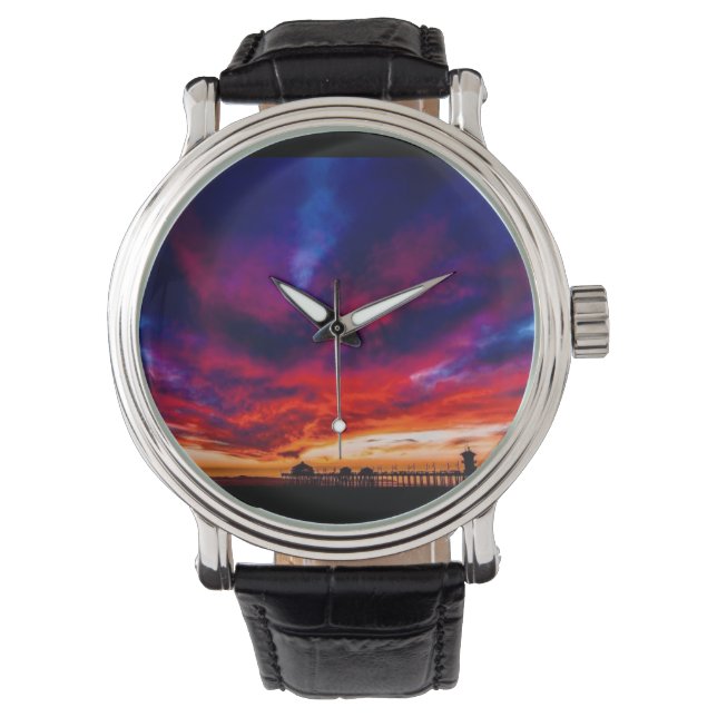 Solnedgång vid Pier, Huntington Beach, CA Armbandsur (Framsida)